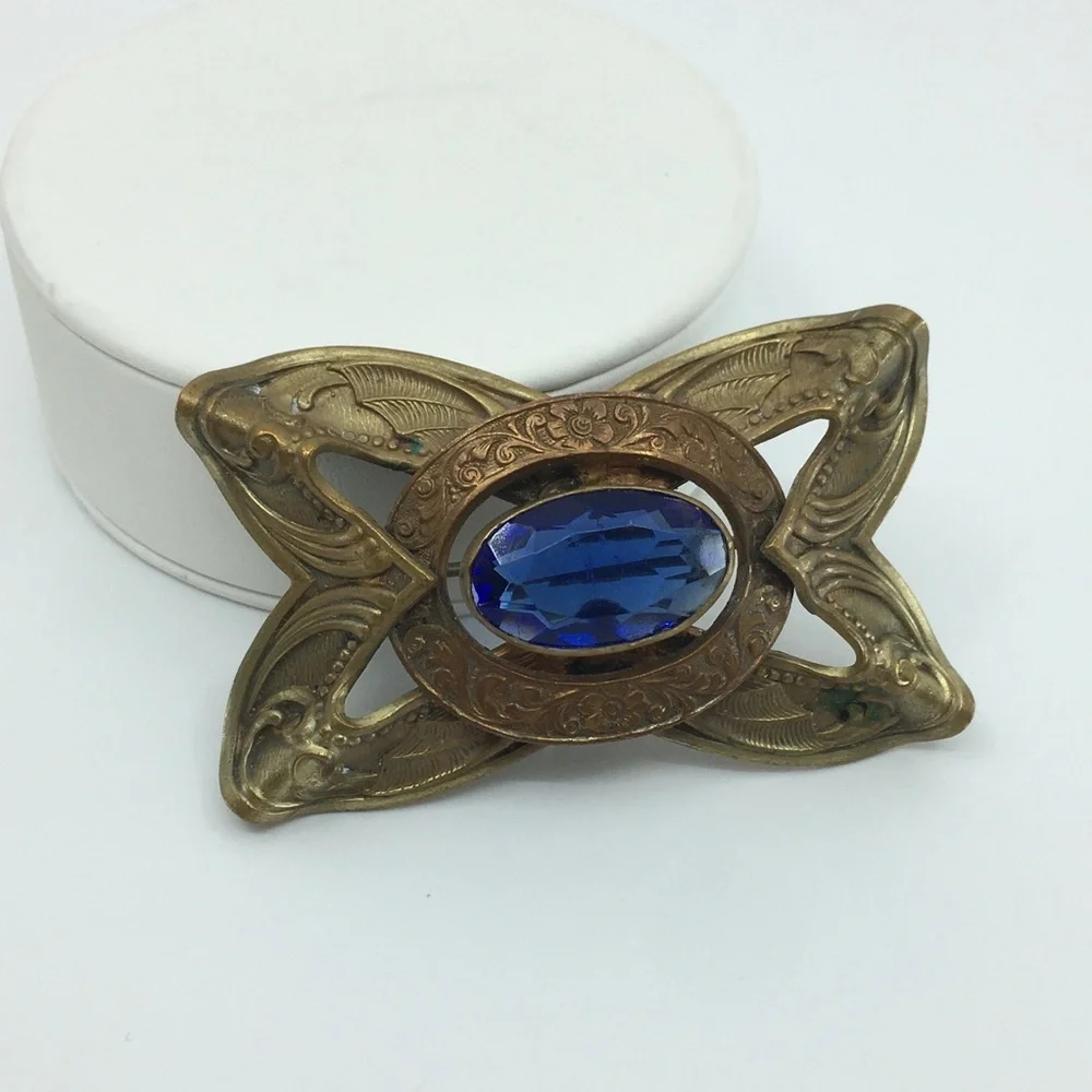 Antique Victorian Brass Bronze Blue Glass Brooch Pin Old Estate Costume Jewelry